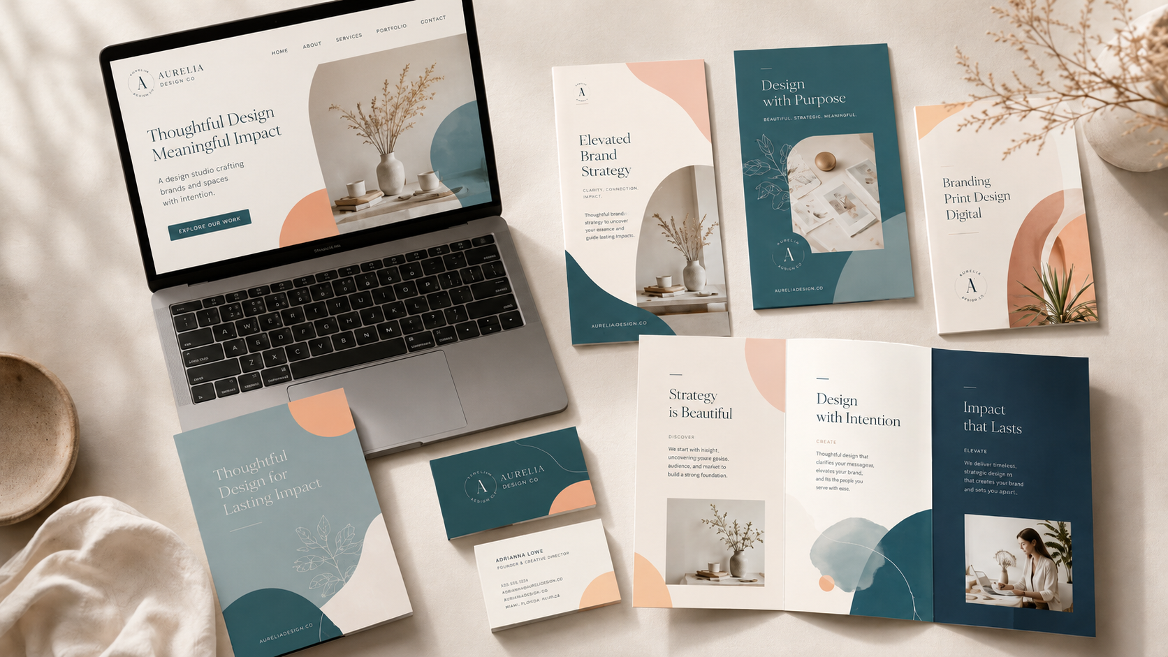 Branded campaign showcasing matching website, business cards, tri-fold brochure, and 8.5x11 flyer